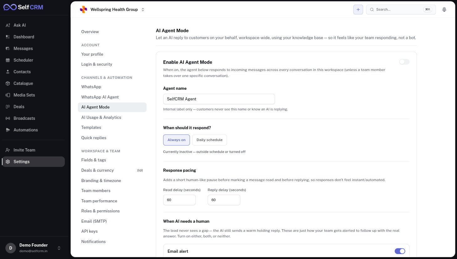 SelfCRM 24-hour AI Agent — an always-on assistant that talks to customers and hands off to a human when needed