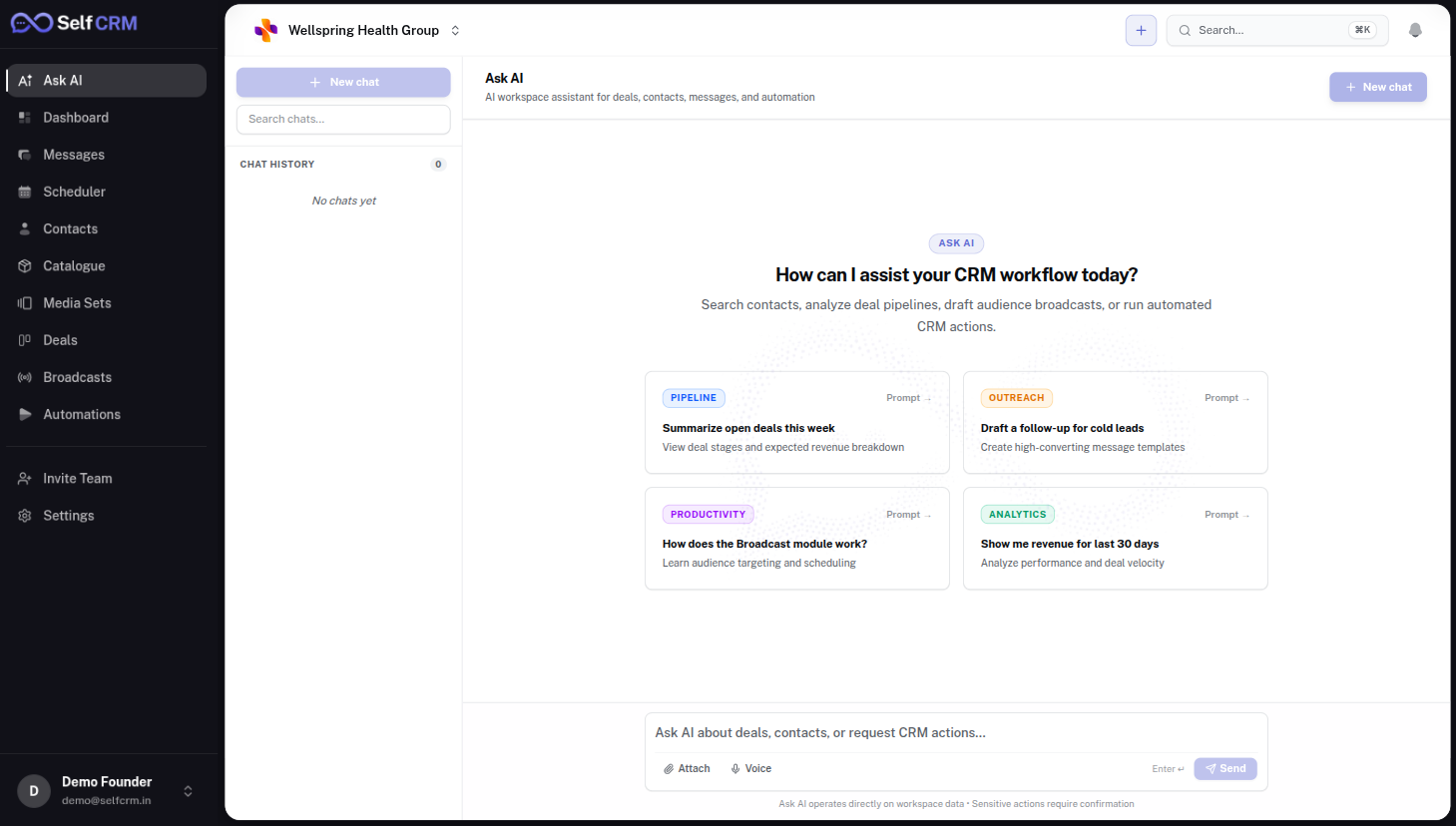 SelfCRM Ask AI — chat with your own AI assistant directly inside the CRM