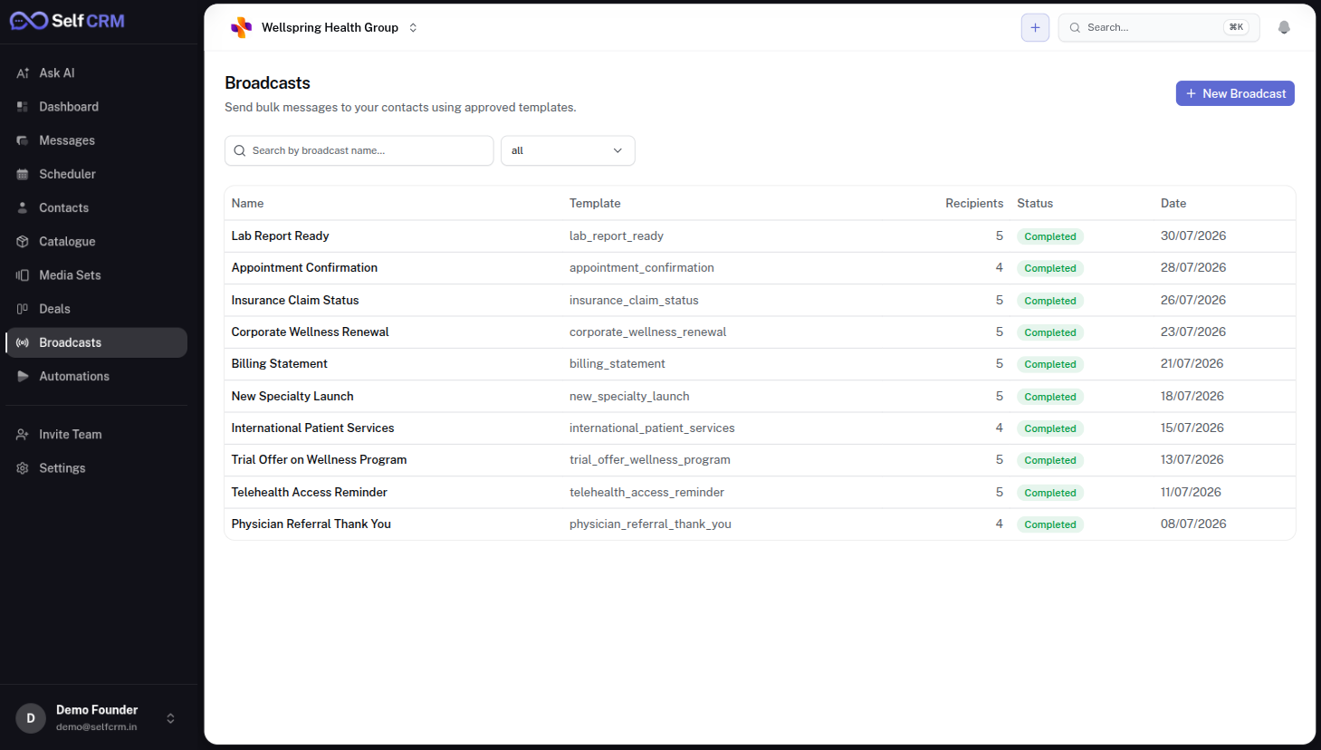 SelfCRM broadcasts — bulk WhatsApp campaigns with delivery and read status