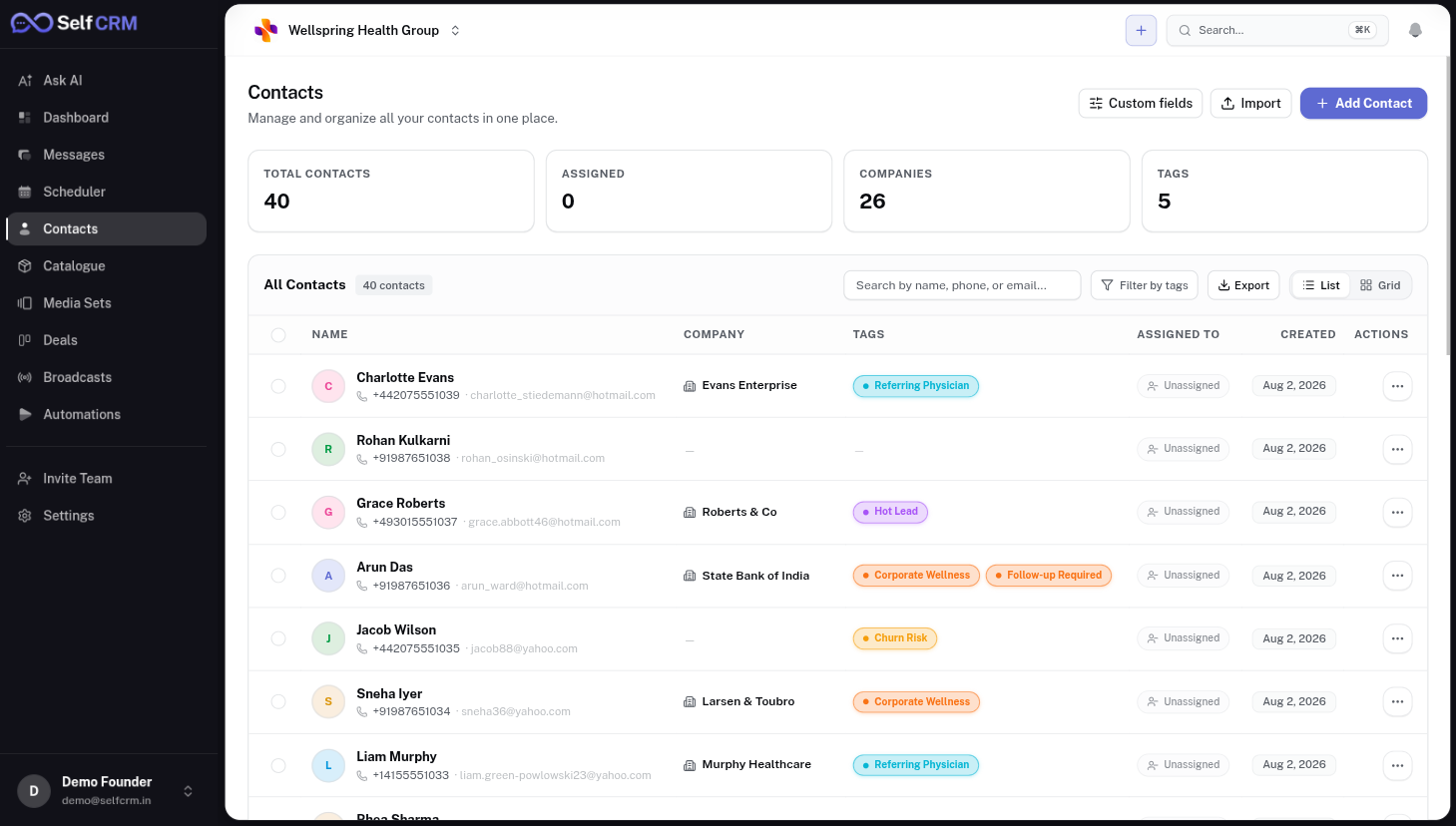 SelfCRM contacts — customer database with tags, custom fields and full history