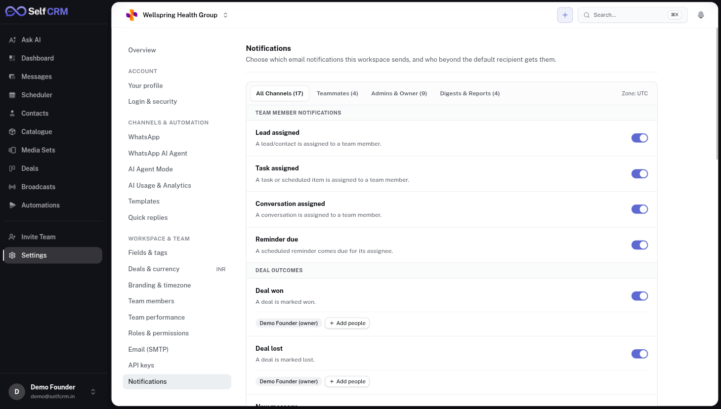 SelfCRM custom notifications — real-time alerts for team members, tasks, follow-ups and important activities
