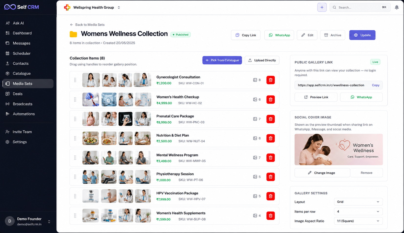 SelfCRM media sets — organise products into shareable sets for WhatsApp selling