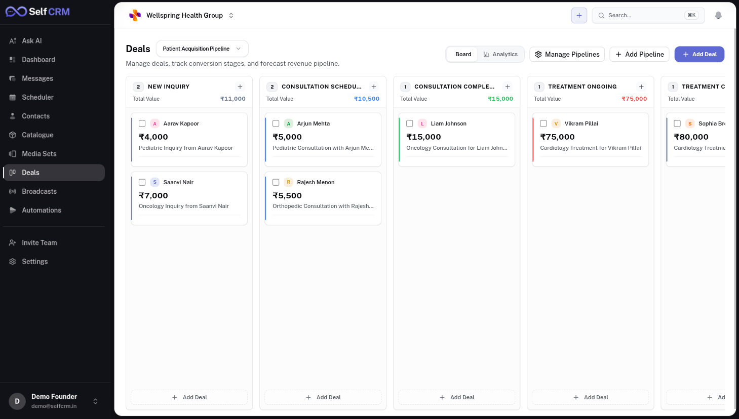 SelfCRM pipelines — drag-and-drop deal stages with live pipeline value