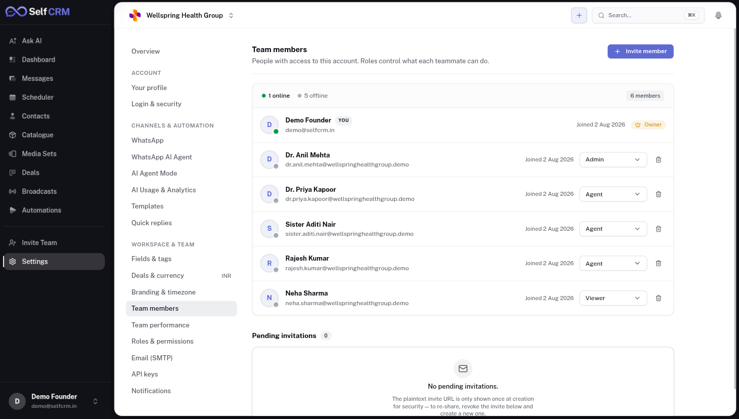 SelfCRM team members — role-based access control for your workspace