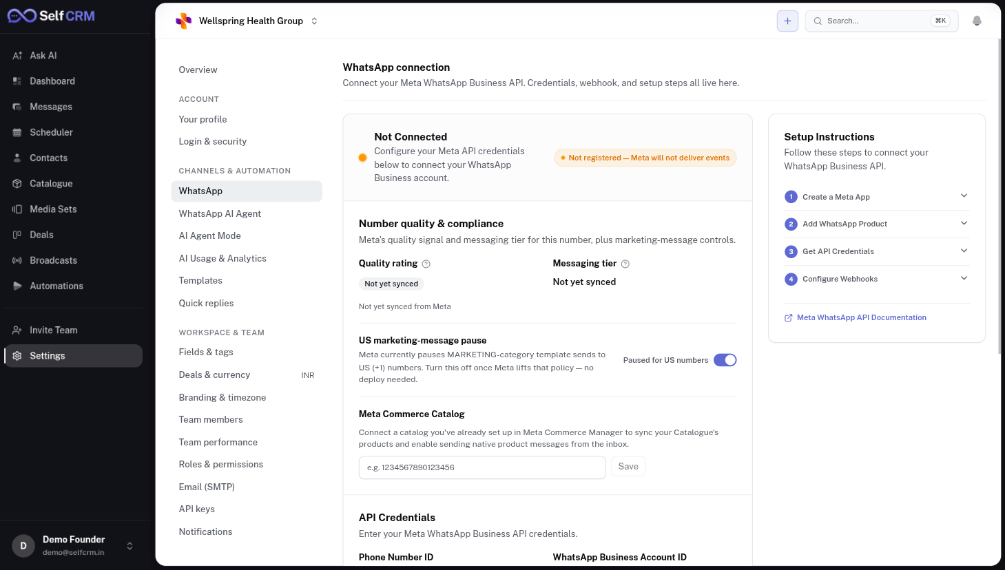 SelfCRM WhatsApp configuration — Meta Cloud API connection and webhook setup